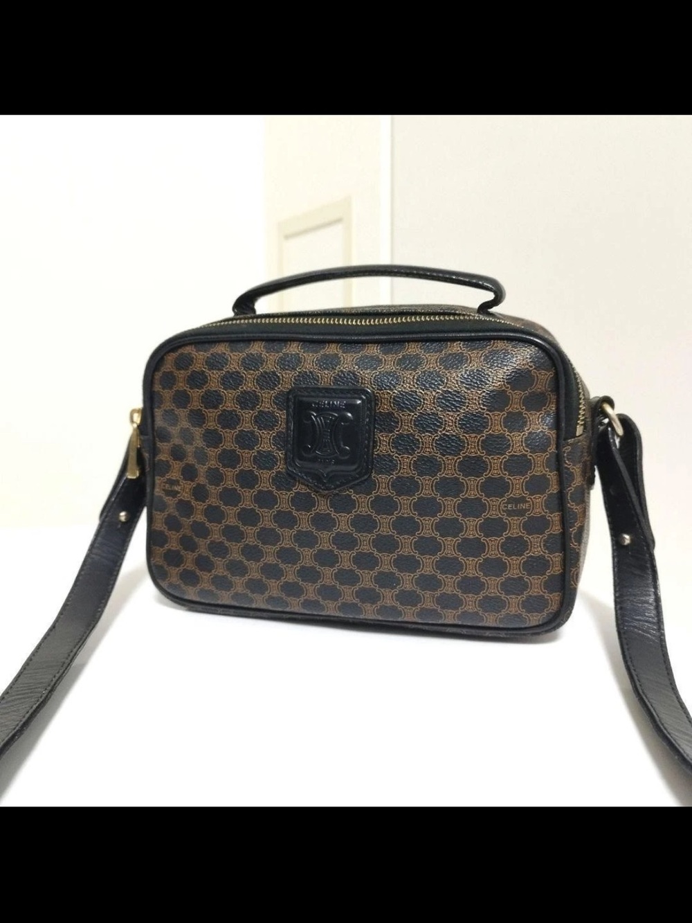 Celine Black and Brown Monogram Crossbody Camera Bag
